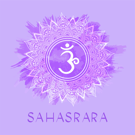 Vector illustration with symbol Sahasrara - Crown chakra on watercolor background. Circle mandala pattern and hand drawn lettering. Multicolor.のイラスト素材