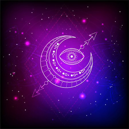 Vector illustration of Sacred or mystic symbol on abstract background. Geometric sign drawn in lines. Blue and pink color. For you design and magic craft.のイラスト素材