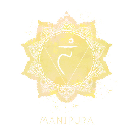 Vector illustration with symbol chakra Manipura  and watercolor element on white background. Circle mandala pattern and hand drawn lettering. Colored.のイラスト素材
