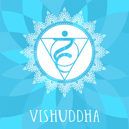 Vector illustration with symbol chakra Vishuddha  on abstract background. Circle mandala pattern and hand drawn lettering. Multicolor.のイラスト素材