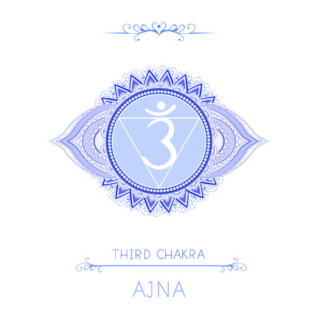 Vector illustration with symbol chakra Ajna - Third Eye chakra and decorative elements on white background. Round mandala pattern and hand drawn lettering. Colored.のイラスト素材