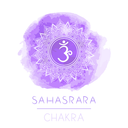 Vector illustration with symbol chakra Sahasrara and watercolor element on white background. Circle mandala pattern and hand drawn lettering. Colored.のイラスト素材