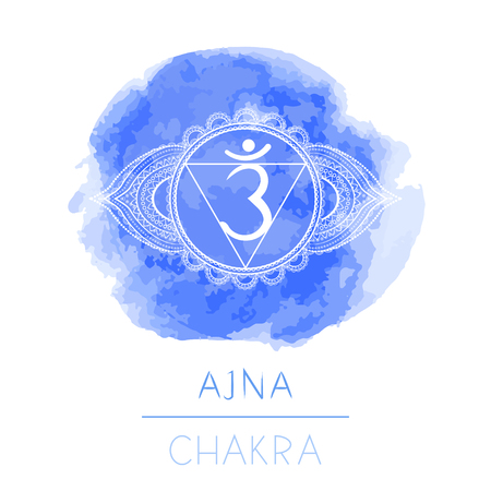 Vector illustration with symbol chakra Ajna and watercolor element on white background. Circle mandala pattern and hand drawn lettering. Colored.のイラスト素材