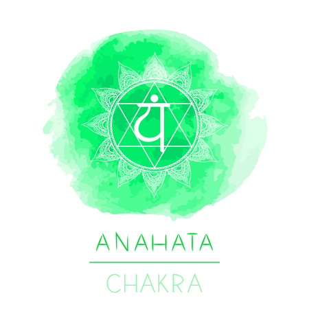 Vector illustration with symbol chakra Anahata and watercolor element on white background. Circle mandala pattern and hand drawn lettering. Colored.のイラスト素材