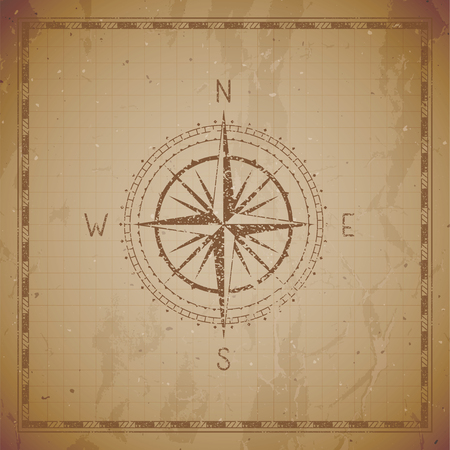 Vector illustration with a vintage compass or wind rose and frame on grunge background. With basic directions North, East, South and West.のイラスト素材