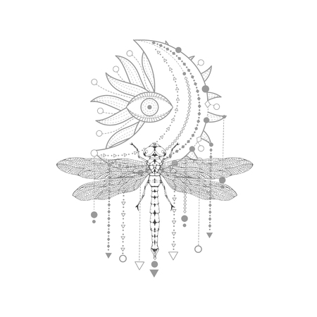 Vector illustration with hand drawn dragonfly and Sacred symbol on white background. Abstract mystic sign. Black linear shape. For you design, tattoo or magic craft.のイラスト素材