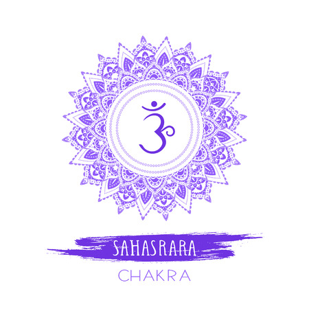 Vector illustration with symbol Sahasrara - Crown chakra and watercolor element on white background. Circle mandala pattern and hand drawn lettering. Colored.のイラスト素材