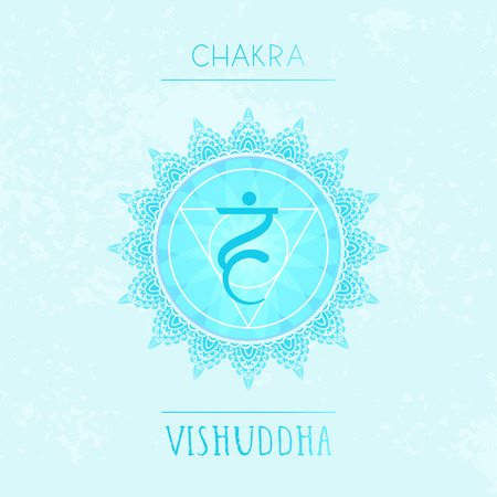 Vector illustration with symbol chakra Vishuddha on watercolor background. Circle mandala pattern and hand drawn lettering. Coloredr.のイラスト素材
