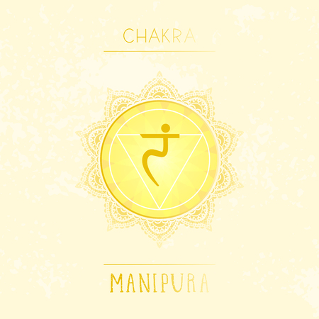 Vector illustration with symbol chakra Manipura on watercolor background. Circle mandala pattern and hand drawn lettering. Colored.のイラスト素材
