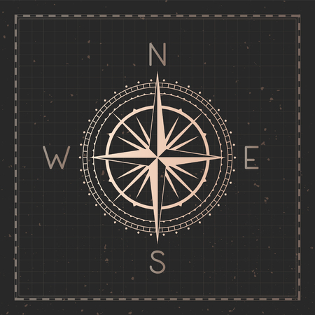 Vector illustration with gold compass or wind rose and frame on dark background. With basic directions North, East, South and West.のイラスト素材