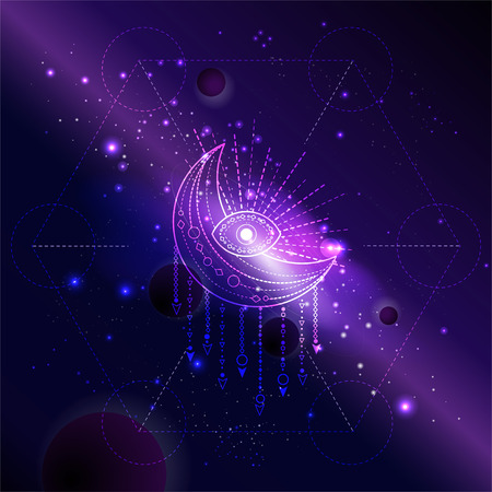 Vector illustration of Sacred or mystic symbol against the space background with galaxy and stars. Abstract geometric sign drawn in lines. Multicolored.のイラスト素材