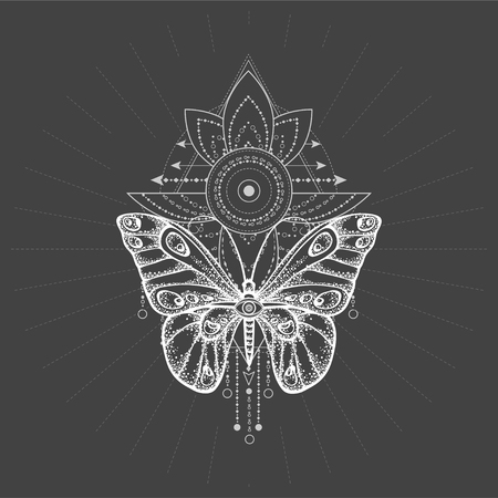 Vector illustration with hand drawn butterfly and Sacred geometric symbol on black background. Abstract mystic sign. White linear shape. For you design, tattoo or magic craft.のイラスト素材