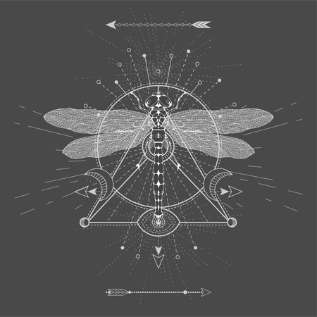 Vector illustration with hand drawn Dragonfly and Sacred geometric symbol on black background. Abstract mystic sign. White linear shape. For you design, tattoo or magic craft.のイラスト素材