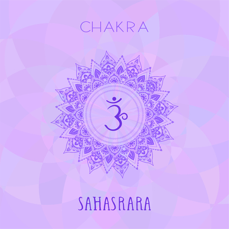 Vector illustration with symbol chakra Sahasrara on abstract background. Circle mandala pattern and hand drawn lettering. Multicolor.のイラスト素材