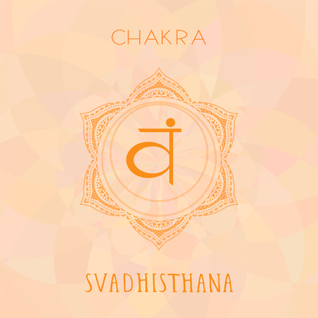 Vector illustration with symbol chakra Svadhishana  on abstract background. Circle mandala pattern and hand drawn lettering. Multicolor.のイラスト素材