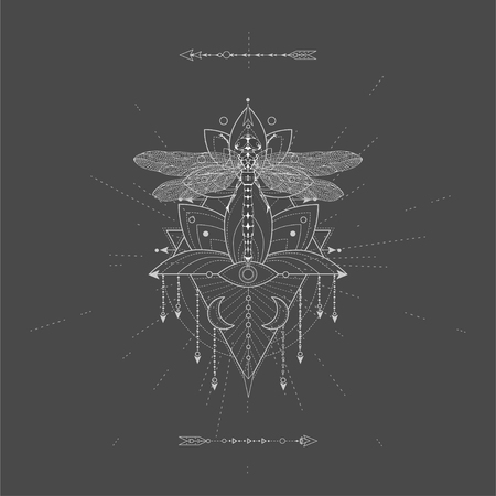 Vector illustration with hand drawn Dragonfly and Sacred geometric symbol on black background. Abstract mystic sign. White linear shape. For you design, tattoo or magic craft.のイラスト素材