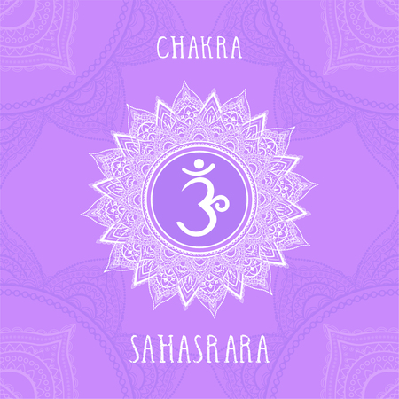 Vector illustration with symbol Sahasrara - Crown chakra on ornamental background. Circle mandala pattern and hand drawn lettering. Colored.のイラスト素材