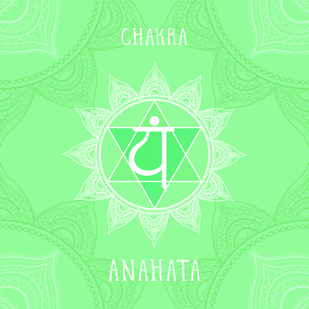 Vector illustration with symbol Anahata - Heart chakra on ornamental background. Circle mandala pattern and hand drawn lettering. Colored.のイラスト素材
