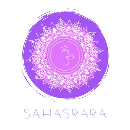 Vector illustration with symbol chakra Sahasrara and watercolor element on white background. Circle mandala pattern and hand drawn lettering. Colored.のイラスト素材