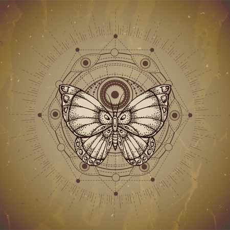 Vector illustration with hand drawn butterfly and Sacred geometric symbol on vintage paper background. Abstract mystic sign. Sepia linear shape. For you design or magic craft.のイラスト素材
