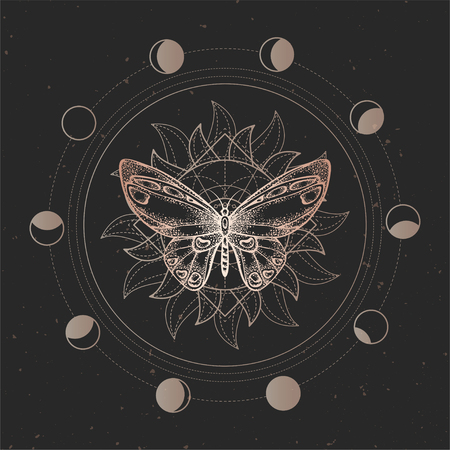 Vector illustration with hand drawn butterfly and Sacred geometric symbol on black vintage background. Abstract mystic sign. Gold linear shape. For you design or magic craft.のイラスト素材