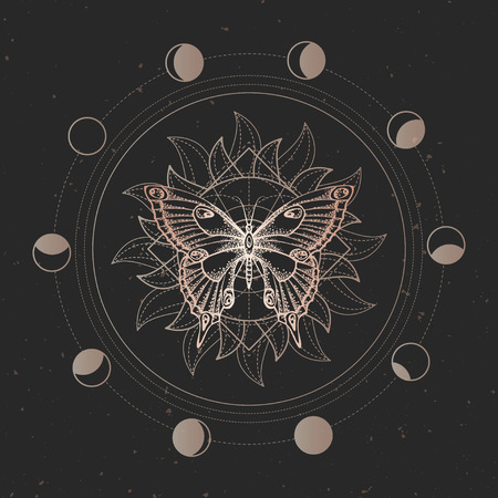 Vector illustration with hand drawn butterfly and Sacred geometric symbol on black vintage background. Abstract mystic sign. Gold linear shape. For you design or magic craft.のイラスト素材