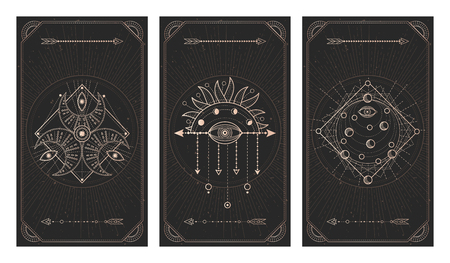 Vector set of three dark backgrounds with geometric symbols, grunge textures and frames. Abstract geometric symbols and sacred mystic signs drawn in lines. Illustration in black and gold colors. For you design and magic craft.のイラスト素材
