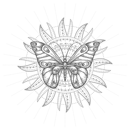Vector illustration with hand drawn butterfly and Sacred geometric symbol on white background. Abstract mystic sign. Black linear shape. For you design, tattoo or magic craft.のイラスト素材