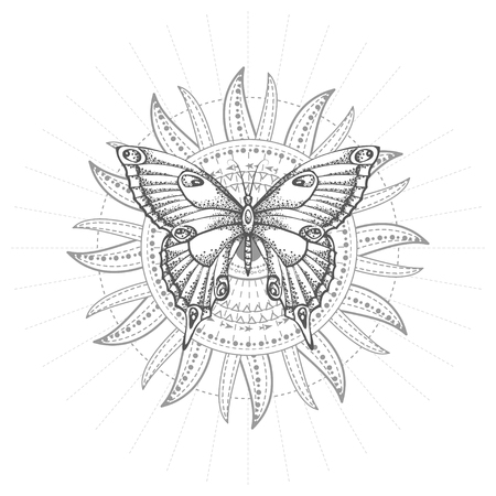 Vector illustration with hand drawn butterfly and Sacred geometric symbol on white background. Abstract mystic sign. Black linear shape. For you design, tattoo or magic craft.のイラスト素材