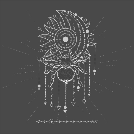 Vector illustration with hand drawn Spider Tarantula and Sacred symbol MOON, on black background. Abstract mystic sign. White linear shape. For you design, tattoo or magic craft.のイラスト素材