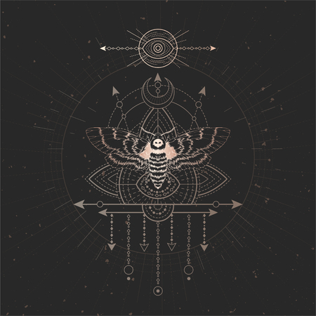 Vector illustration with hand drawn Dead head moth and Sacred geometric symbol on black vintage background. Abstract mystic sign. Gold linear shape. For you design and magic craft.のイラスト素材