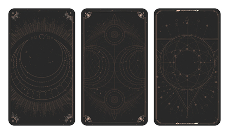 Vector set of three dark backgrounds with geometric symbols, grunge textures and frames. Abstract geometric symbols and sacred mystic signs drawn in lines. Illustration in black and gold colors. For you design and magic craft.のイラスト素材