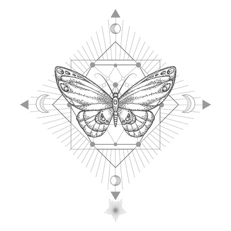 Vector illustration with hand drawn butterfly and Sacred geometric symbol on white background. Abstract mystic sign. Black linear shape. For you design, tattoo or magic craft.のイラスト素材