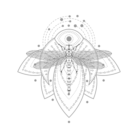 Vector illustration with hand drawn dragonfly and Sacred symbol on white background. Abstract mystic sign. Black linear shape. For you design, tattoo or magic craft.のイラスト素材