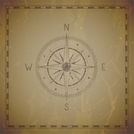 Vector illustration with a vintage compass or wind rose and frame on grunge background. With basic directions North, East, South and West.のイラスト素材