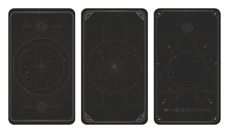 Vector set of three dark backgrounds with geometric symbols, grunge textures and frames. Abstract geometric symbols and sacred mystic signs drawn in lines. Illustration in black and gold colors. For you design and magic craft.のイラスト素材
