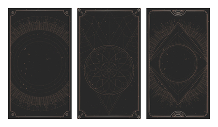 Vector set of three dark backgrounds with geometric symbols, grunge textures and frames. Abstract geometric symbols and sacred mystic signs drawn in lines. Illustration in black and gold colors. For you design and magic craft.のイラスト素材