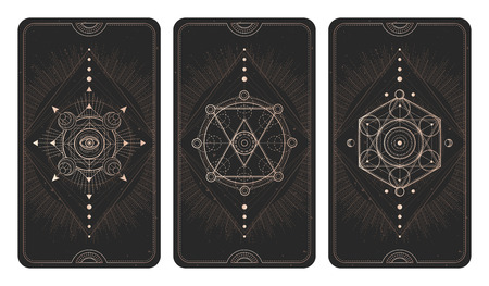 Vector set of three dark backgrounds with geometric symbols, grunge textures and frames. Abstract geometric symbols and sacred mystic signs drawn in lines. Illustration in black and gold colors. For you design and magic craft.のイラスト素材