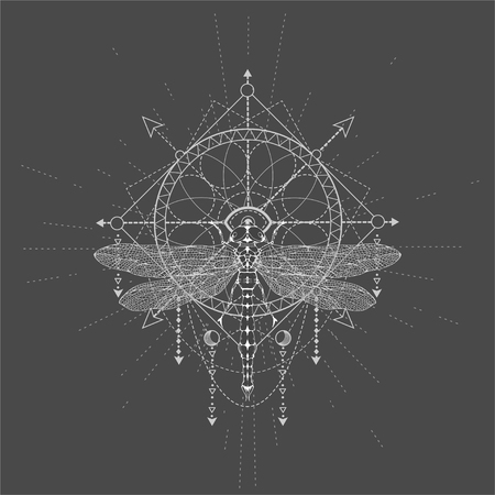 Vector illustration with hand drawn Dragonfly and Sacred geometric symbol on black background. Abstract mystic sign. White linear shape. For you design, tattoo or magic craft.のイラスト素材