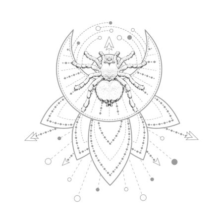 Vector illustration with hand drawn spider and Sacred geometric symbol on white background. Abstract mystic sign. Black linear shape. For you design, tattoo or magic craft.のイラスト素材