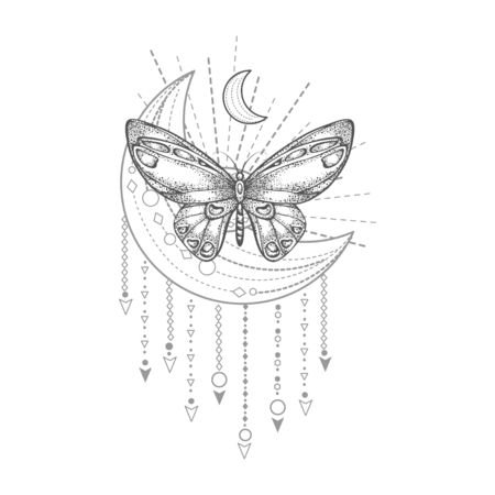 Vector illustration with hand drawn butterfly and Sacred geometric symbol on white background. Abstract mystic sign. Black linear shape. For you design, tattoo or magic craft.のイラスト素材