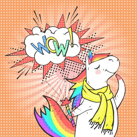 Cartoon dreaming unicorn and speech bubble with text WOW! Poster, greeting card or invitation in comic style. Vector pop art background.のイラスト素材