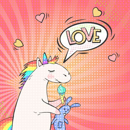 Bright pop art background with cute unicorn and speech bubble LOVE! Retro vector illustration in comic style. のイラスト素材