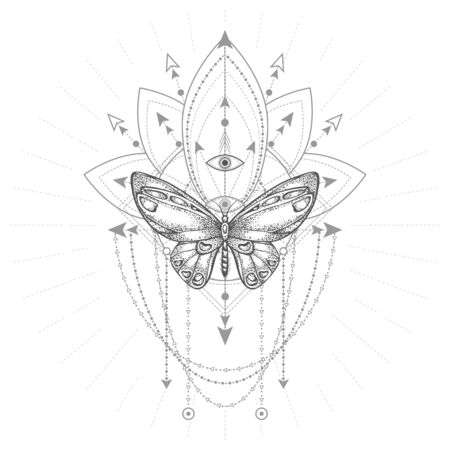 Vector illustration with hand drawn butterfly and Sacred geometric symbol on white background. Abstract mystic sign. Black linear shape. For you design, tattoo or magic craft.のイラスト素材