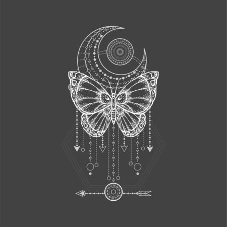Vector illustration with hand drawn butterfly and Sacred geometric symbol on black background. Abstract mystic sign. White linear shape. For you design, tattoo or magic craft.のイラスト素材