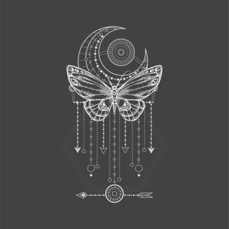 Vector illustration with hand drawn butterfly and Sacred geometric symbol on black background. Abstract mystic sign. White linear shape. For you design, tattoo or magic craft.のイラスト素材