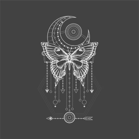 Vector illustration with hand drawn butterfly and Sacred geometric symbol on black background. Abstract mystic sign. White linear shape. For you design, tattoo or magic craft.のイラスト素材