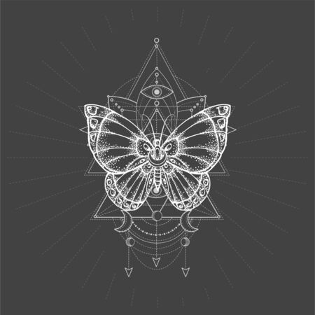 illustration with hand drawn butterfly and Sacred geometric symbol on black background. Abstract mystic sign. White linear shape. For you design, tattoo or magic craft.のイラスト素材