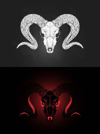 illustration with two variants of hand drawn ram skull on dark background. In realistic style. For you design, tattoo or magic craft.のイラスト素材