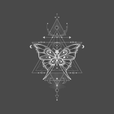 illustration with hand drawn butterfly and Sacred geometric symbol on black background. Abstract mystic sign. White linear shape. For you design, tattoo or magic craft.のイラスト素材